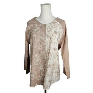 Produce Company Shirt Small Embroidered Boho Vintage Button-Up Beige 3/4 Sleeve